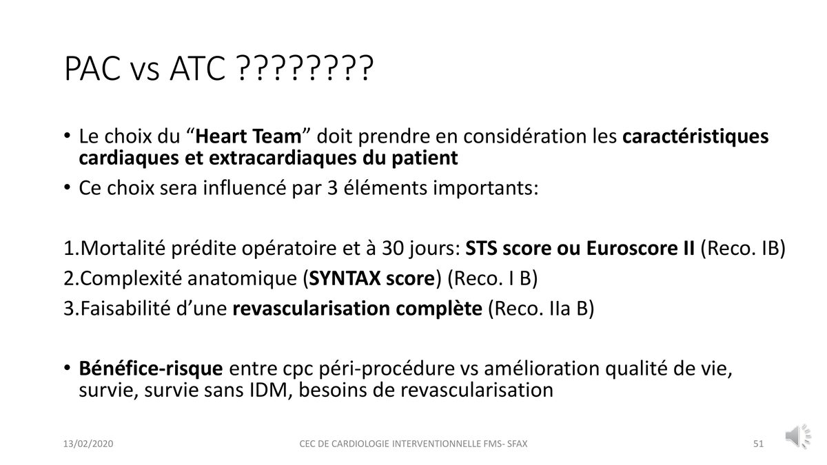 Diapositive énonçant les trois éléments qui influencent le choix entre pontage et angioplastie et leurs classes de recommandation.