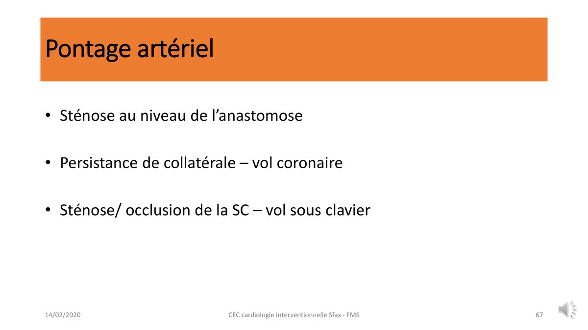 Liste des trois défaillances du pontage artériel : sténose de l'anastomose, vol coronaire par collatérale persistante, vol sous-clavier.