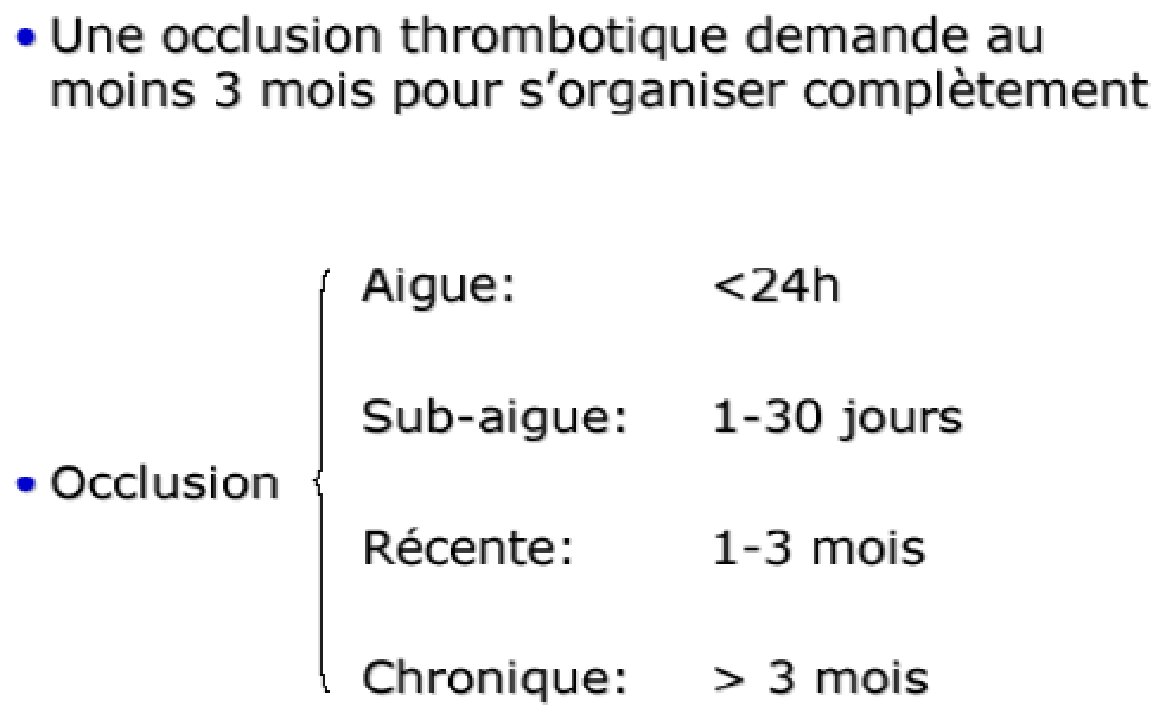 Tableau en accolade énumérant quatre stades d'occlusion coronaire avec leur durée : aiguë en deçà de vingt-quatre heures, sub-aiguë de un à trente jours, récente de un à trois mois, et chronique au-delà de trois mois, surmonté de la mention qu'une occlusion thrombotique demande au moins trois mois pour s'organiser complètement.