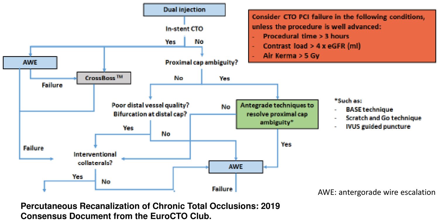 Organigramme de décision issu du document de consensus du EuroCTO Club publié en 2019. Le point de départ de l'algorithme est la double injection, suivie d'une série de questions binaires portant sur le caractère intra-endoprothèse de l'occlusion, sur l'ambiguïté du capuchon proximal, sur la qualité du lit d'aval et l'existence d'une bifurcation au niveau du capuchon distal, puis sur la présence de collatérales interventionnelles. Un encadré rouge, placé en haut à droite, énonce les conditions dans lesquelles envisager l'échec de la procédure, sauf si celle-ci est déjà bien avancée : durée supérieure à trois heures, volume de contraste supérieur à quatre fois le débit de filtration glomérulaire estimé exprimé en millilitres, et air kerma supérieur à cinq grays.
