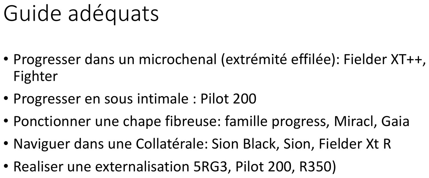 Planche de cours intitulée « Guides adéquats », énumérant cinq tâches et les familles de guides qui leur correspondent. Progresser dans un microcanal appelle un guide à extrémité effilée. Progresser en sous-intimal appelle un guide à extrémité polymérisée. Ponctionner une chape fibreuse appelle un guide de forte charge de pointe. Naviguer dans une collatérale appelle un guide très souple et hydrophile. Réaliser une externalisation appelle un guide de très grande longueur. Chaque ligne cite les modèles couramment employés pour la tâche.