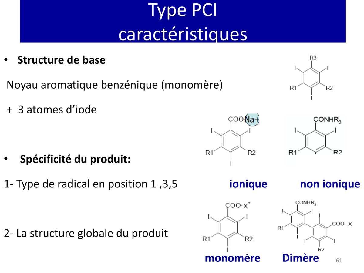 Schéma de la structure des produits de contraste iodés : noyau benzénique triiodé, formes ionique et non ionique, monomère et dimère.