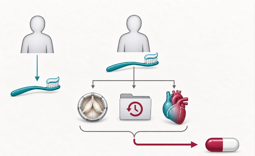 Arbre décisionnel pictographique distinguant, avant un geste dentaire, les patients à haut risque relevant d'une antibioprophylaxie des patients relevant de la seule hygiène bucco-dentaire.