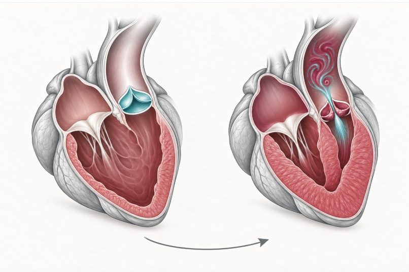 Schéma en deux panneaux comparant un ventricule gauche normal à paroi fine et un ventricule gauche hypertrophié en amont d'une valve aortique sténosée.