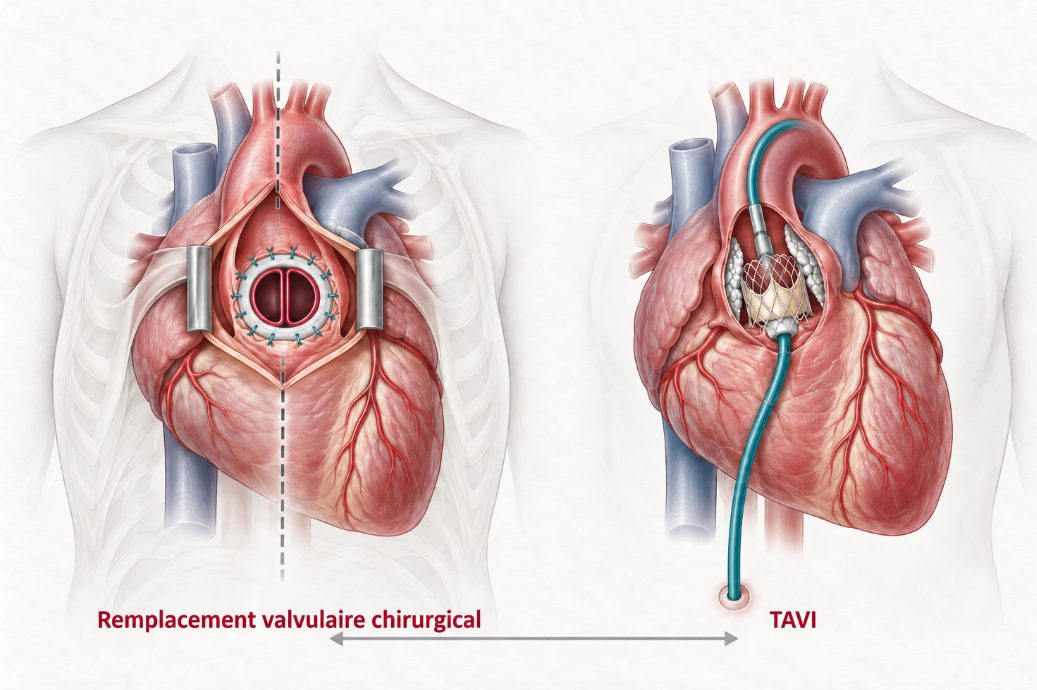 Schéma en deux panneaux comparant le remplacement valvulaire aortique chirurgical, valve retirée, et l'implantation par cathéter, valve native repoussée contre la paroi.