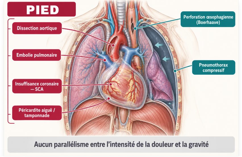 Schéma de synthèse représentant un thorax central entouré de six encadrés correspondant aux six urgences vitales devant une douleur thoracique aiguë, les quatre urgences cardiologiques regroupées sous l'acronyme PIED.