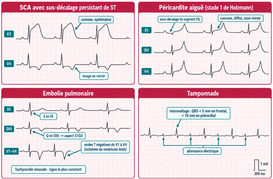 Planche comparative de quatre tracés ECG schématiques illustrant le sus-décalage convexe systématisé du SCA ST+, le sus-décalage concave diffus avec sous-décalage de PQ de la péricardite, l'aspect S1Q3 avec ondes T négatives de V1 à V4 de l'embolie pulmonaire, et le microvoltage avec alternance électrique de la tamponnade.