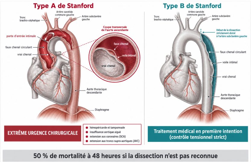 Schéma anatomique de l'aorte thoracique montrant le type A de Stanford atteignant l'aorte ascendante et relevant de la chirurgie en extrême urgence, et le type B épargnant l'aorte ascendante et relevant d'un traitement médical initial.