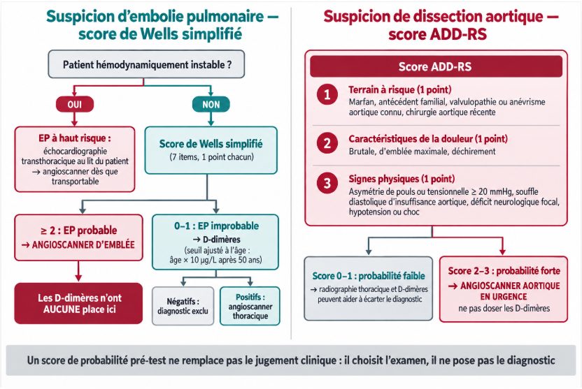 Double algorithme comparant l'utilisation du score de Wells simplifié pour l'embolie pulmonaire et du score ADD-RS pour la dissection aortique, montrant dans les deux cas où les D-dimères ont une place et où ils n'en ont pas.