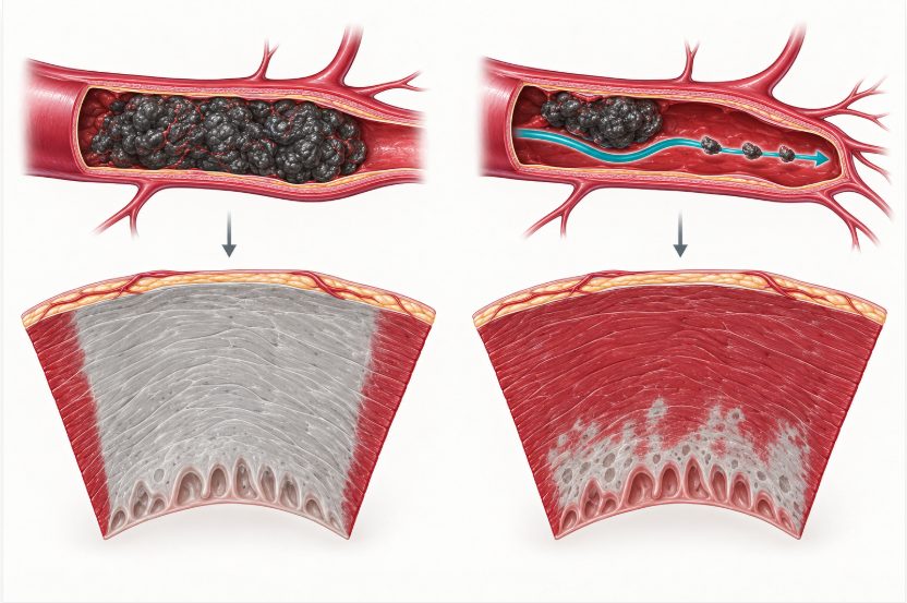 Comparaison en deux panneaux d'une artère coronaire totalement occluse avec nécrose transmurale et d'une artère partiellement occluse avec foyers de micronécrose sous-endocardique.
