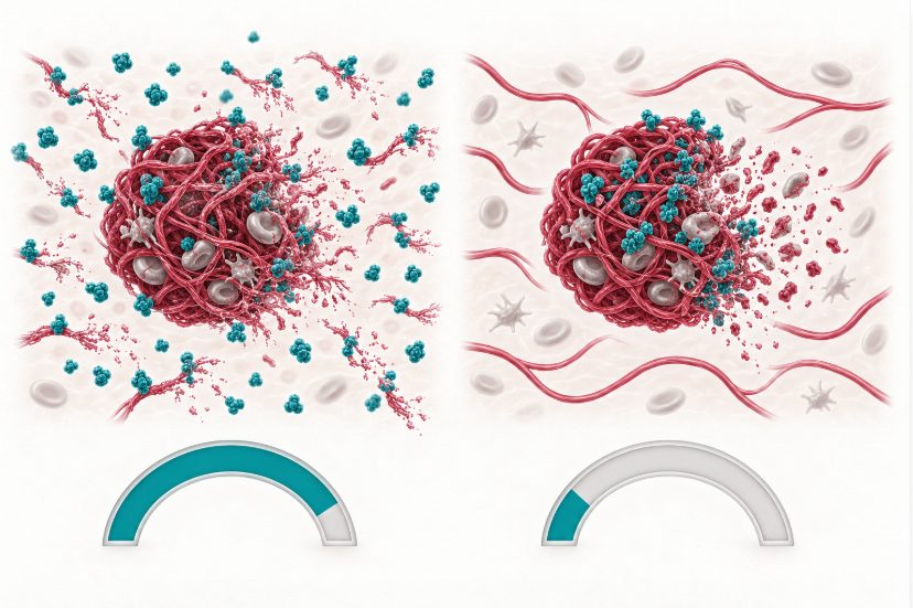 Schéma en deux panneaux opposant un fibrinolytique agissant dans tout le plasma à un fibrinolytique agissant uniquement à la surface du caillot.