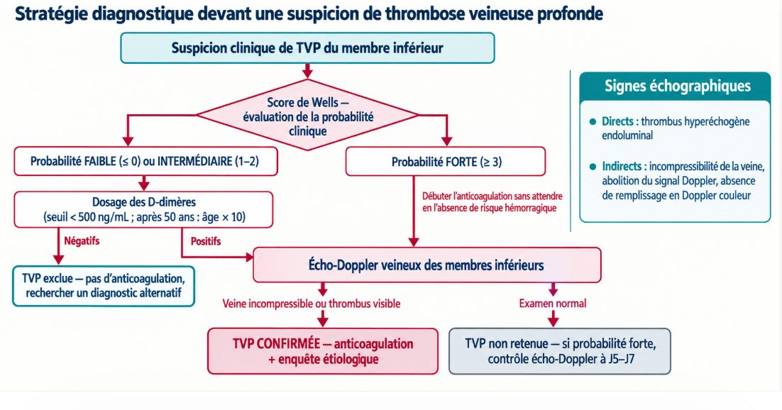 Arbre décisionnel partant de la suspicion clinique de TVP, se divisant selon le score de Wells en probabilité faible ou intermédiaire (dosage des D-dimères puis écho-doppler si positifs) et probabilité forte (écho-doppler d'emblée), avec les conduites à tenir terminales.