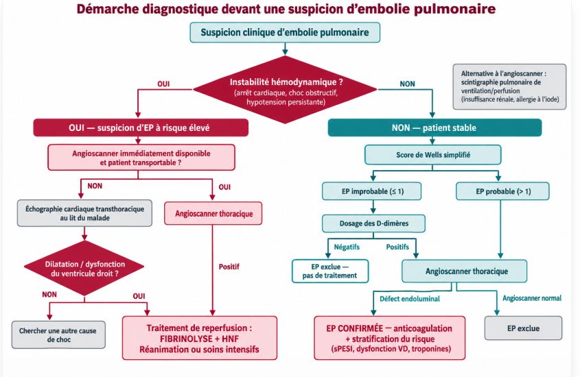 Organigramme à deux colonnes : à gauche la démarche en cas d'EP à risque élevé avec instabilité hémodynamique (échographie cardiaque au lit du malade), à droite la démarche chez le patient stable (score de Wells simplifié, D-dimères, angioscanner).