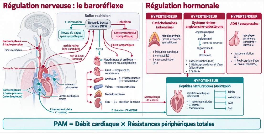 Schéma intégratif de la régulation de la pression artérielle montrant la boucle baroréflexe (barorécepteurs sino-carotidiens et aortiques, noyau du tractus solitaire, noyau du vague, centre vasomoteur, effecteurs cardiaques et vasculaires) et les quatre systèmes hormonaux : catécholamines, système rénine-angiotensine-aldostérone, ADH et facteur atrial natriurétique.