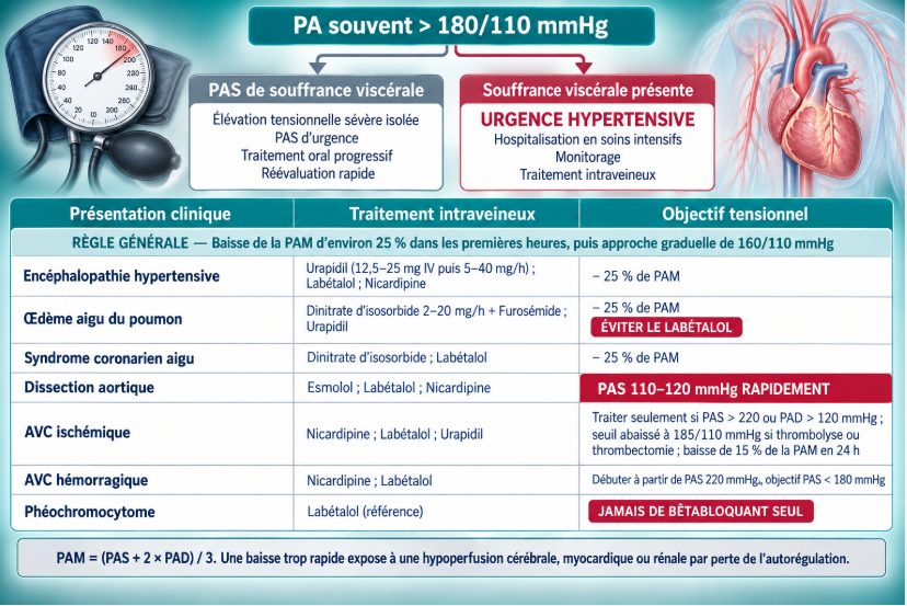 Tableau algorithmique des urgences hypertensives présentant, pour chaque présentation clinique, les médicaments intraveineux recommandés et l'objectif tensionnel correspondant, précédé du critère distinguant l'urgence hypertensive de l'élévation tensionnelle sévère isolée.
