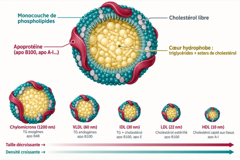 Schéma en coupe d'une lipoprotéine montrant la monocouche externe de phospholipides, le cholestérol libre et les apoprotéines de surface, entourant un cœur de triglycérides et d'esters de cholestérol ; en dessous, une échelle comparant chylomicrons, VLDL, IDL, LDL et HDL par taille et densité croissante.