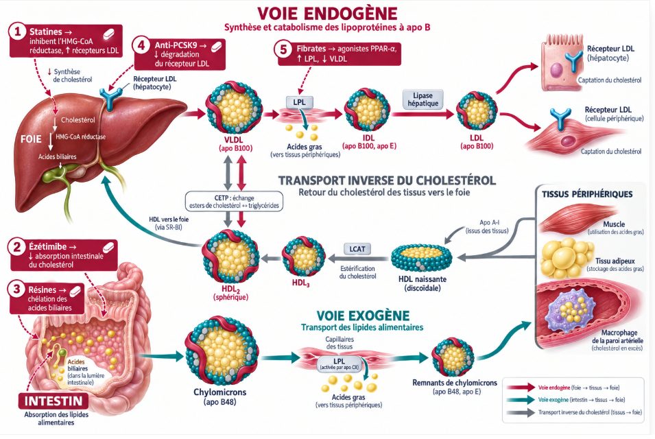Schéma intégré montrant la voie exogène de l'intestin vers les tissus via les chylomicrons, la voie endogène du foie vers les tissus via VLDL, IDL puis LDL, et le transport inverse du cholestérol des tissus vers le foie par les HDL, avec repérage des sites d'action des statines, de l'ézétimibe, des anti-PCSK9, des résines et des fibrates.