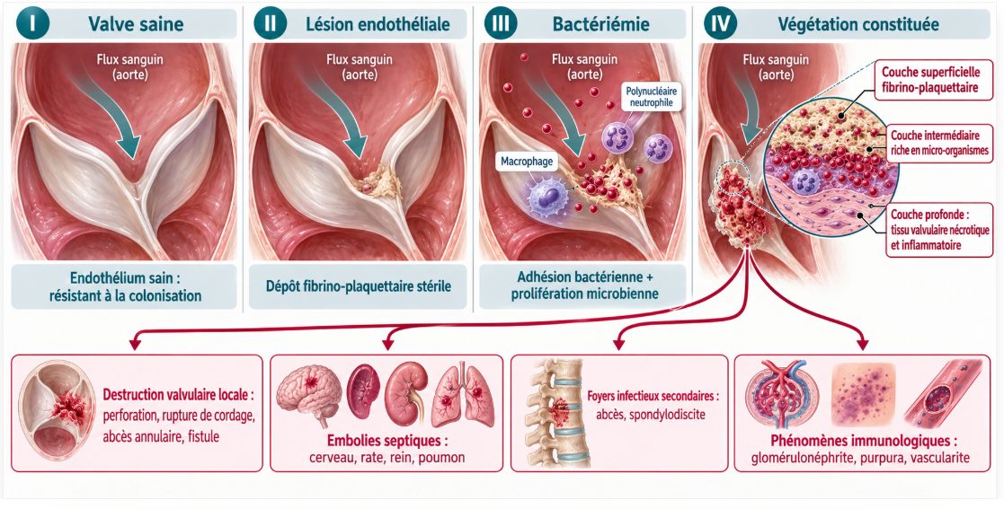 Schéma en quatre étapes montrant la lésion de l'endothélium valvulaire, la formation du dépôt fibrino-plaquettaire stérile, l'adhésion bactérienne lors d'une bactériémie, puis la végétation constituée avec ses trois couches et ses conséquences locales, emboliques, infectieuses et immunologiques.