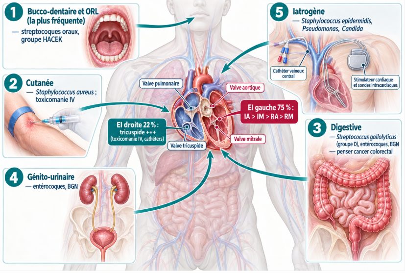 Schéma corporel reliant les cinq portes d'entrée principales (bucco-dentaire, cutanée, digestive, génito-urinaire, iatrogène) aux germes correspondants et aux valves préférentiellement atteintes.