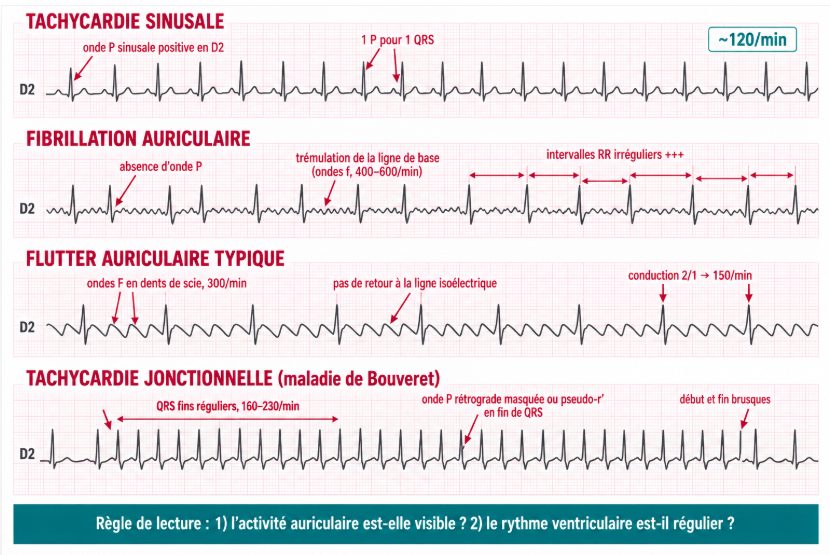 Quatre tracés ECG schématiques superposés comparant tachycardie sinusale, fibrillation auriculaire, flutter auriculaire et tachycardie jonctionnelle.
