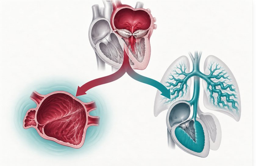 Schéma en cascade illustrant la physiopathologie du rétrécissement mitral, de la réduction de surface mitrale à la dilatation auriculaire gauche et au retentissement pulmonaire puis droit.