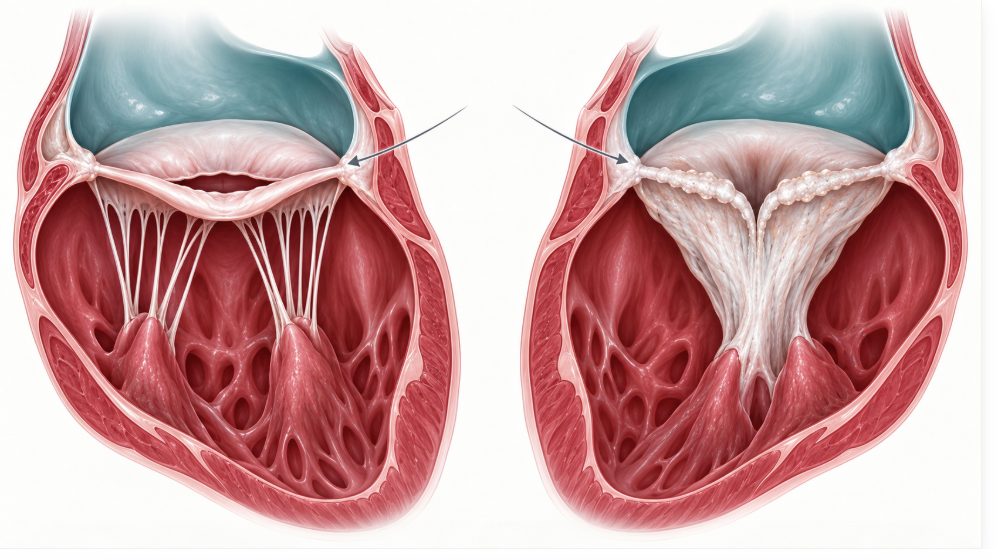 Comparaison schématique de deux valves mitrales rhumatismales, l'une en diaphragme à appareil sous-valvulaire souple, l'autre en entonnoir à cordages fusionnés et raccourcis.