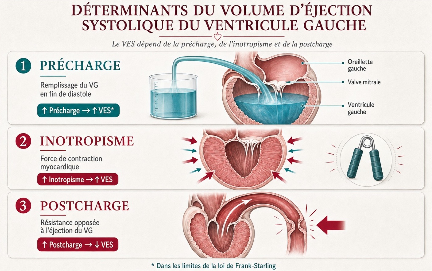 Schéma d'un ventricule gauche en diastole puis en systole, entouré de trois flèches figurant la précharge (retour veineux), la postcharge (résistance à l'éjection) et la contractilité (force de la paroi).