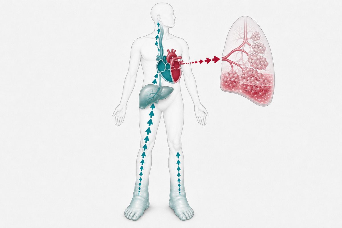 Schéma d'un buste montrant le cœur au centre, avec à gauche la voie oreillette gauche, veines pulmonaires et alvéoles envahies de liquide, et à droite la voie oreillette droite, veines caves, jugulaires distendues et foie congestif.