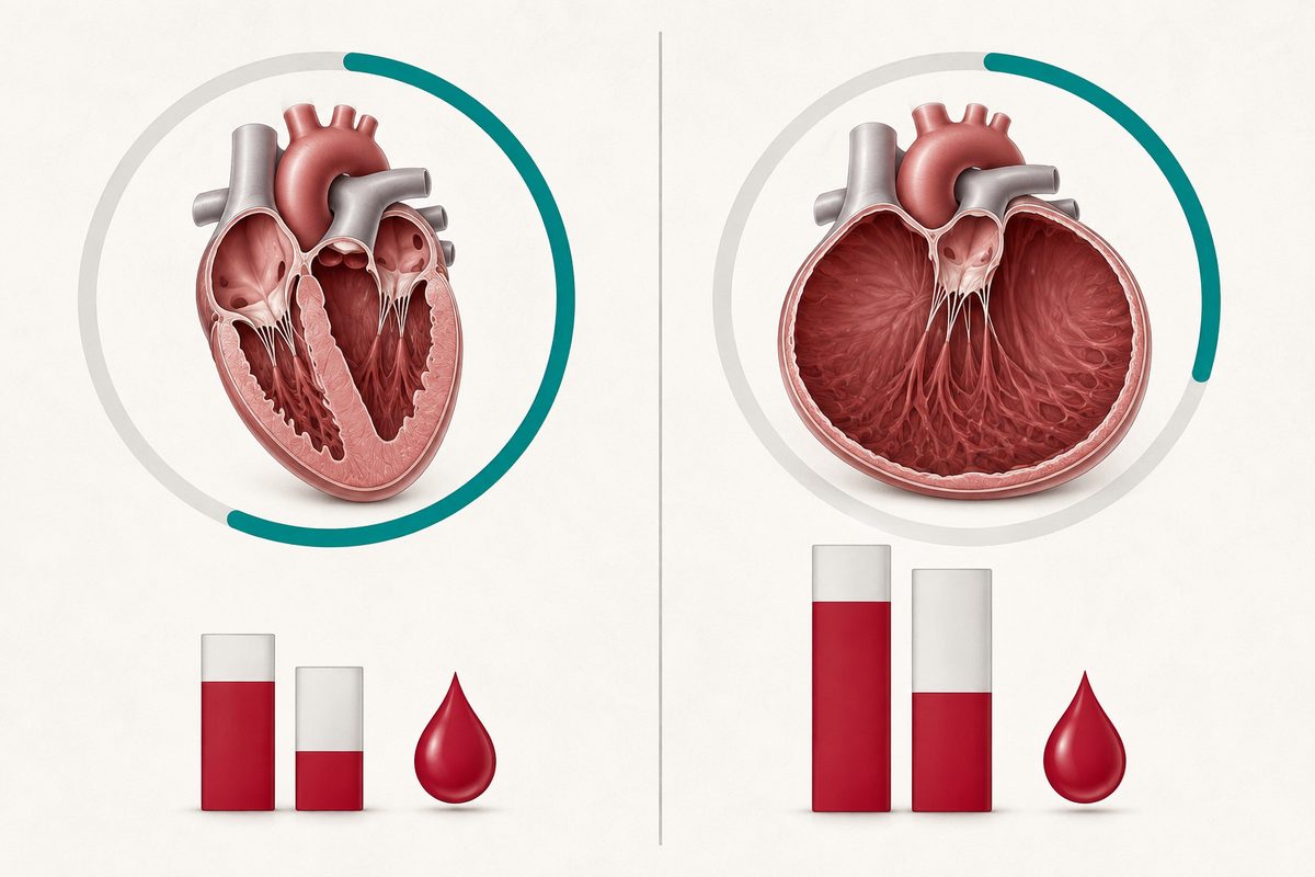 Comparaison d'un ventricule normal et d'un ventricule dilaté, montrant que le volume éjecté représenté par une même quantité de sang est identique alors que la proportion éjectée est deux fois plus faible.