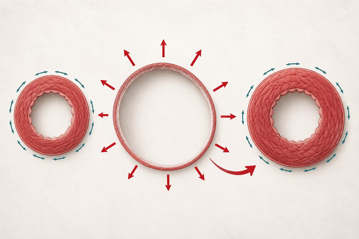 Trois coupes transversales de ventricule gauche — normale, dilatée à paroi fine, hypertrophiée à paroi épaisse — avec des flèches de tension pariétale d'épaisseur croissante puis normalisée.