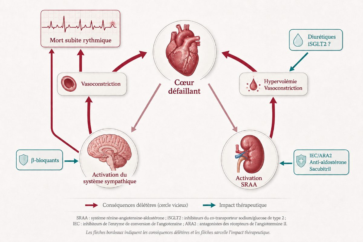 Spirale descendante reliant dilatation, contrainte pariétale, activation neurohormonale, congestion et aggravation de la dysfonction, avec quatre boucliers placés aux points de blocage thérapeutique.