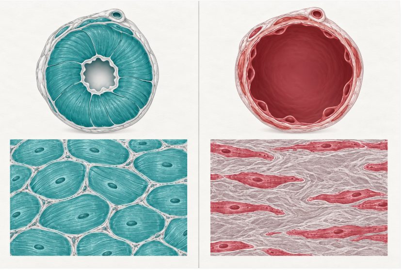 Comparaison en deux colonnes du remodelage concentrique avec cardiomyocytes hypertrophiés et fibrose interstitielle, et du remodelage excentrique avec perte cellulaire et fibrose de remplacement.