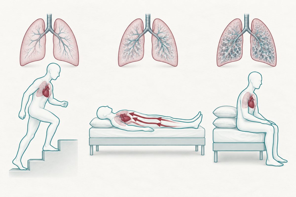 Trois silhouettes du même patient, à l'effort, en décubitus et assis la nuit, avec les flux de redistribution sanguine vers le thorax et des poumons de trame croissante.