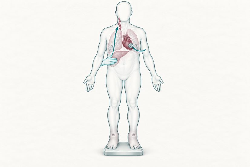 Buste humain schématique repérant la veine jugulaire, le reflux hépato-jugulaire, le foyer d'auscultation du troisième bruit, les bases pulmonaires, le foie et les œdèmes des chevilles.