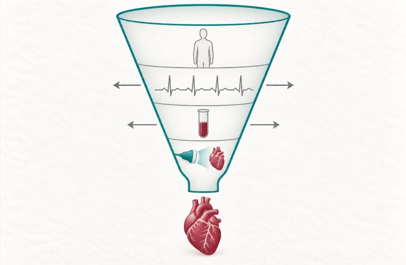 Entonnoir vertical à quatre étages figurant la probabilité clinique, l'électrocardiogramme, les peptides natriurétiques puis l'échocardiographie, avec des sorties latérales d'exclusion.