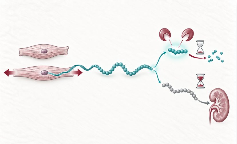 Schéma de la biosynthèse des peptides natriurétiques : un cardiomyocyte étiré transcrit le gène, produit le proBNP, qui est clivé en BNP actif à demi-vie courte, dégradé par la néprilysine et le récepteur de clairance, et en NT-proBNP inactif à demi-vie longue, éliminé par le rein.