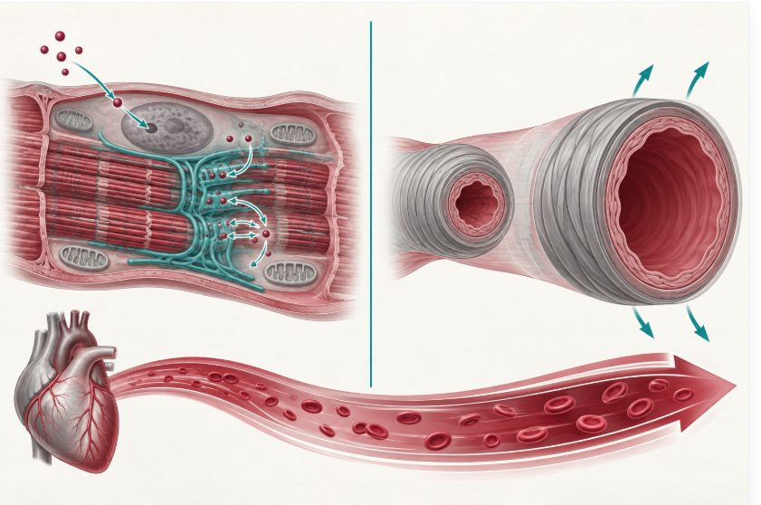 Schéma en deux volets montrant à gauche un cardiomyocyte avec ses cibles moléculaires de la T3 et à droite une artériole en relaxation sous l'effet de la T3.