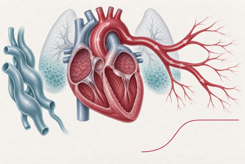 Schéma d'un cœur hyperkinétique en fibrillation atriale, artérioles dilatées, volémie augmentée et congestion pulmonaire.