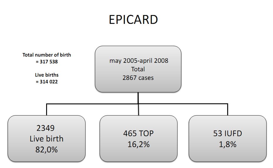 Figure 1 — Ce qu'un registre de population compte réellement. Organigramme du registre EPICARD, région parisienne, mai 2005 à avril 2008 : 2 867 cas de cardiopathie congénitale pour 317 538 naissances totales et 314 022 naissances vivantes. Regardez la ligne du bas plutôt que le total : 2 349 cas seulement, soit 82 %, sont des naissances vivantes ; 465, soit 16,2 %, correspondent à des interruptions médicales de grossesse, et 53, soit 1,8 %, à des morts fœtales in utero. Le chiffre de prévalence change donc selon que l'on divise par les naissances vivantes ou par l'ensemble des grossesses : sur cette série l'écart global est de l'ordre de 20 %, mais il va du simple au double, voire au triple, pour les malformations les plus souvent interrompues, comme l'hypoplasie du cœur gauche. C'est la distinction entre prévalence à la naissance et prévalence totale, développée en section 8.1.