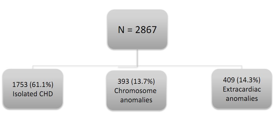 Figure 8 — Le cœur est rarement seul. Répartition des 2 867 cardiopathies du registre EPICARD : 1 753 formes isolées, soit 61,1 % ; 393 associées à une anomalie chromosomique, soit 13,7 % ; 409 associées à une anomalie extracardiaque non chromosomique, soit 14,3 % — le solde, environ 11 %, correspondant à d'autres associations et formes syndromiques. Retenez la proportion plutôt que les effectifs : trois cardiopathies sur cinq seulement sont isolées. C'est ce qui fonde la règle de la section 7.6 — devant une cardiopathie congénitale, examinez l'enfant en entier et demandez un avis génétique — et ce qui rend incomparables deux séries dont l'une inclut les formes syndromiques et l'autre non.