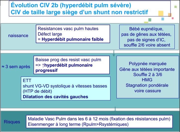 Figure 9 — La contre-épreuve : chez qui il ne faut surtout pas attendre. Voici l'histoire naturelle d'une communication large non restrictive — de la naissance aux premiers mois. Lisez la première ligne : à la naissance, malgré un défaut large, les résistances pulmonaires élevées ne laissent passer qu'un hyperdébit faible — bébé eupnéique, souffle 2 sur 6 voire absent. Lisez la seconde : trois semaines plus tard, les résistances ont chuté, l'hyperdébit s'installe, et c'est là qu'apparaissent la polypnée, la gêne aux tétées, l'hépatomégalie et la cassure pondérale. Le souffle modeste de la première ligne est le piège de tout ce cours ; la dernière ligne en donne le prix : maladie vasculaire pulmonaire en six à douze mois, puis Eisenmenger. Le tableau de fermeture spontanée qui précède ne concerne que les petits défauts restrictifs : celui-ci relève de la chirurgie, et vite.