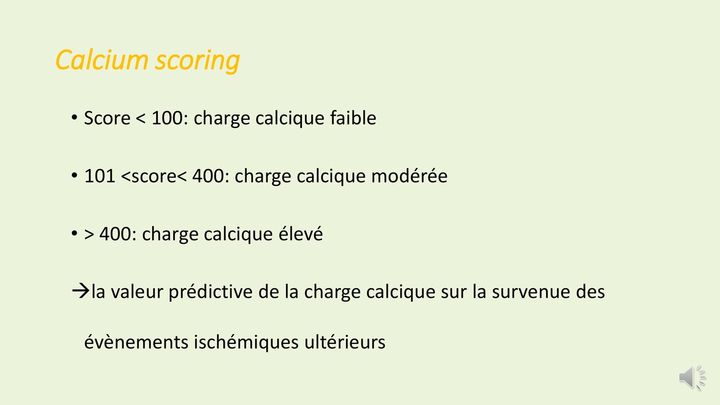 Les trois classes de charge calcique selon le score d'Agatston et leur valeur prédictive sur les événements ischémiques.