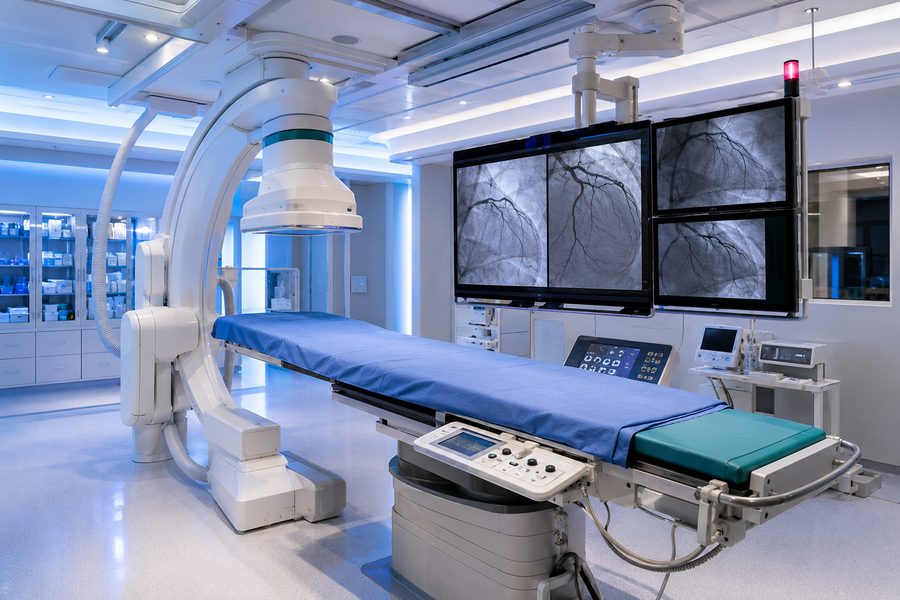 Salle de cathétérisme cardiaque avec arceau de fluoroscopie et écrans de coronarographie