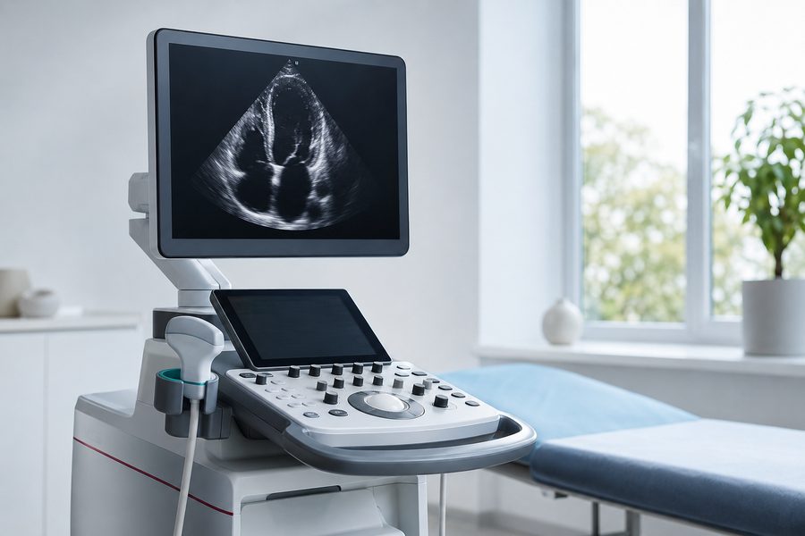 Appareil d'échographie cardiaque moderne avec sonde et image du cœur à l'écran